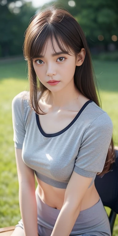  neat girl student 、( shoulders are visible 、Convex Nipples、 20-Year-Old Girl 、  wearing gray sports bra 、 wearing a gray sports shirt 、Outside the field 、(Slim)、 photorealistic、 Details,  texture of skin ,  ultra fine 、 fine and sexy Collarbone 、ใบหน้าที่...