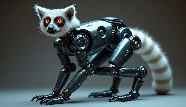  A technological robot lemur, articulated , with LED lights and circuits .