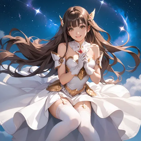  Yuuki as a costume ,  beautiful woman in anime style,  best quality,  Perfectanatomy ,   super detailed ,  1 girl, Alone, chest, athletic body, good hands, Good legs, Good knees, Night Sky, star, Long Hair, 巨乳chest,  is watching viewers,  happy , bangs,  ...