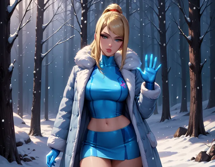 score_9, score_8_up, score_7_up, rating_questionable, epiCPhoto 1girl, solo, beautiful waifu, very sexy (Samus Aran, blonde, ponytail, winter coat, short skirt:1.2), navel, narrow waist, wide hips, standing in a beautiful snowy forest, beautiful, graceful,...