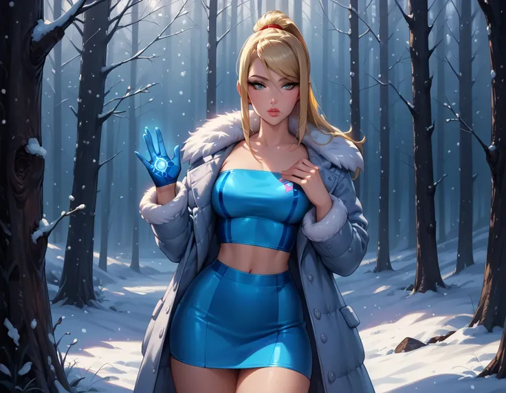 score_9, score_8_up, score_7_up, rating_questionable, epiCPhoto 1girl, solo, beautiful waifu, very sexy (Samus Aran, blonde, ponytail, winter coat, short skirt:1.2), navel, narrow waist, wide hips, standing in a beautiful snowy forest, beautiful, graceful,...