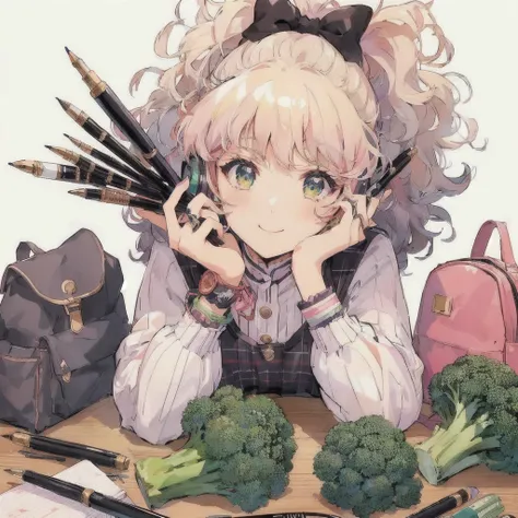  anime girl sitting at table with lots of pens and pens, smile,  with broccoli , Backpack , beautiful  anime art style ,  anime art style , anime style art ,  Detailed Anime Art ,  Kitagawa Marin Fanart , high quality  anime art style , realistic  anime ar...