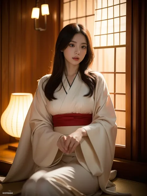 ((Prostitute))、Oiran、kimono、kimono、Long-sleeved kimono、(((Background Walls )))、castle town、(A fantastic night in Kyoto)、(Warm colored lights)、Fantastic Lanterns 、 cute、20 years old、Beauty、 best quality ,4K,8k, high definition ,masterpiece:1.2), super detai...