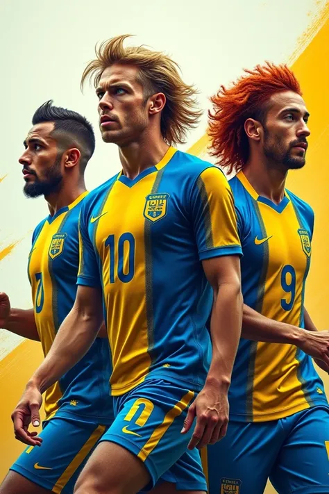 Create an image of 4 football players with blue and yellow t shirt 
The first one has  Italian  blue eyes with number 8
The second blonde hair, blue eyes with number 10
The third one ColombIan with number 21
The fourth one Scottish red hair with number 11 ...