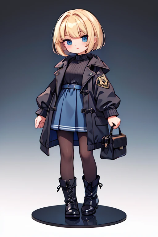  blond girl with bangs、Bob Hair、 black pantyhose 、 Long Coat 、 blue mini skirt、boots and accessories、Keep one&#39;s knees、 blue eyes, Droopy eyes,  eyes sparkle,  Bright Eyes 、 blush,  open your mouth,  showing off teeth , 