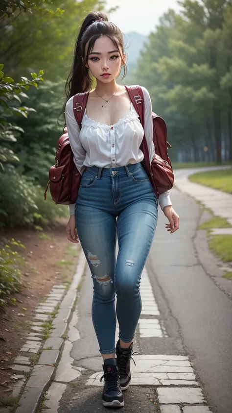  super realistic high quality full body photo of a 19 year old European woman with a beautiful thin bust 、 adorable high detail shy face and long, messy ponytail hair dyed platinum blonde、 and a happy face , Realistic round hazel eyes ,  red lips,  dark ey...