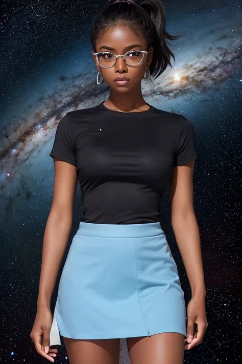  1 girl dark skin,  small breasts,  wear thick framed glasses that accentuate facial features, Short hair, Ponytail and Gray, Silver Shirt, She is wearing another tight shirt underneath her shirt, Brightly colored details reminiscent of stars and planets i...