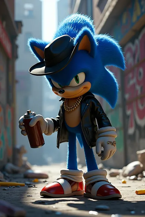 Sonic painting the streets in a gangster outfit