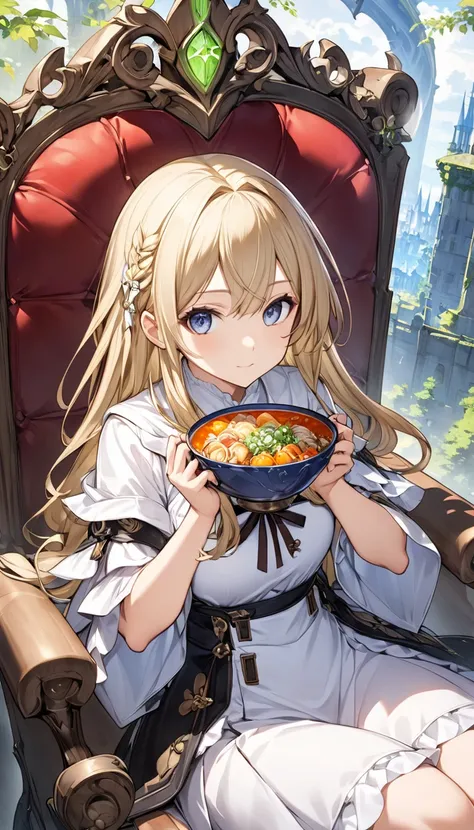 Anime girl sitting on a chair with a bowl of food in her hands, Alchemist Girl , Light novel cover art,  Official Art, Epic light novel art cover ,  Official Artwork, epic Light novel cover art, change, isekai, small curvy change, Casciato krenz, Casciato,...