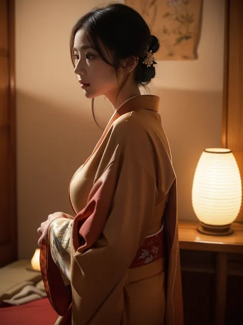 ((Prostitute))、Oiran、kimono、kimono、Long-sleeved kimono、(((Background Walls )))、castle town、(A fantastic night in Kyoto)、(Warm colored lights)、Fantastic Lanterns 、 cute、20 years old、Beauty、 best quality ,4K,8k, high definition ,masterpiece:1.2), super detai...