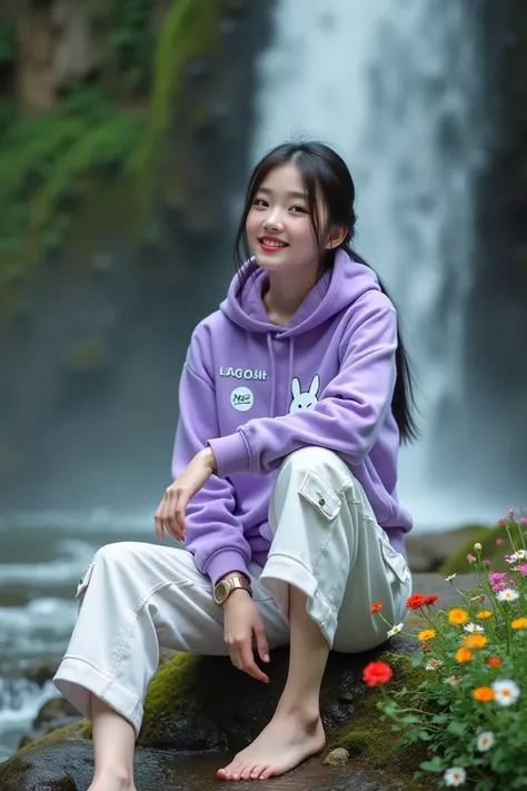 Beautiful Korean girl with white skin. well-groomed face, sitting pose on a rock next to a very large waterfall, dikelilingi bunga kecil berwarna merah,kuning,putih pink, and big rabbits roam around the flowers, smiled faintly, rambut hitam diikat, wearing...