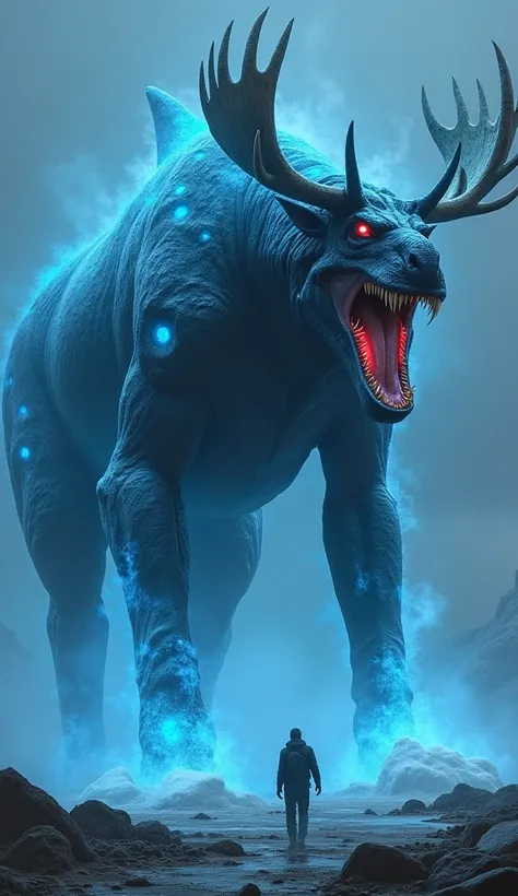  Angry and roaring mutant hybrid of an orca whale with a giant moose with blue radioactive liquid and freezing with a fin, Tail and spots of an orca standing on all fours