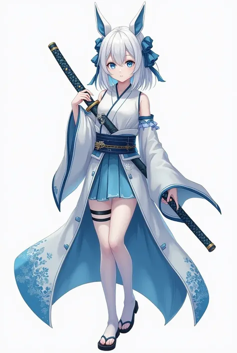 A kny character with white hair with dark blue highlights, blue eyes and white skin with a light blue katana and a white haori with blue details and a costume consisting of a long skirt open on the sides, with a not very prominent body and pretty