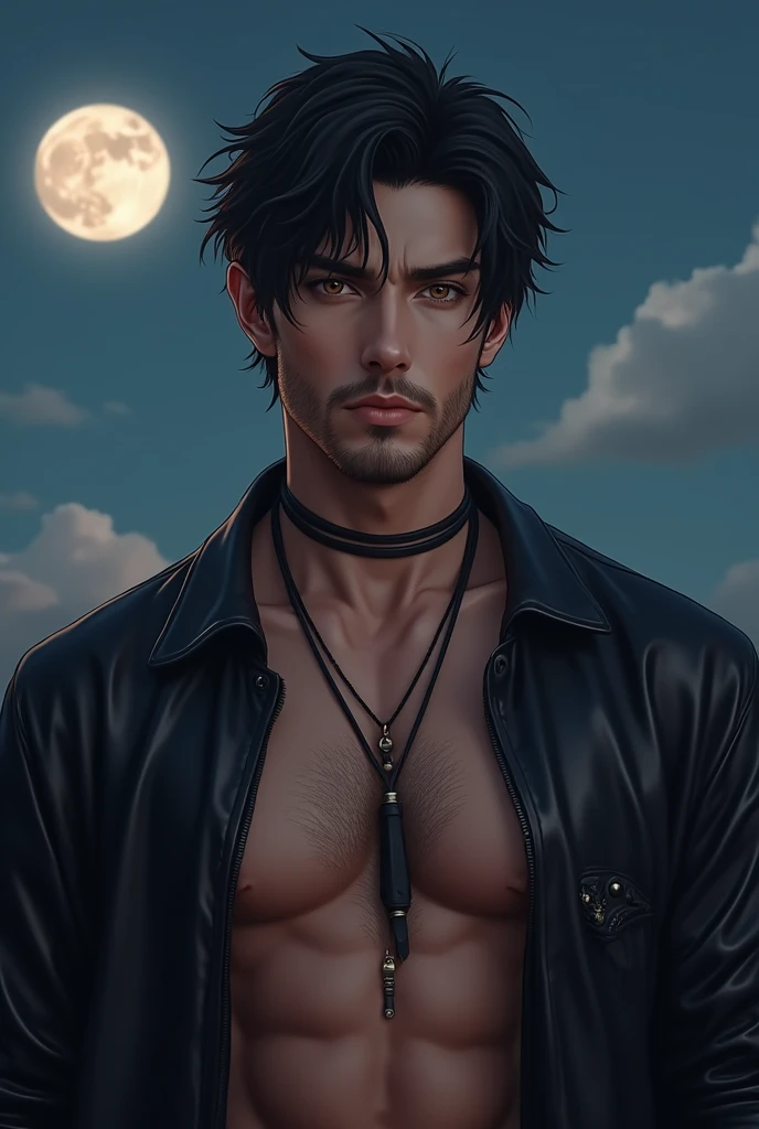 man, model face, beautiful eyes, hunter eyes, amber eyes, light brown eyes, an handsome male in leather outfit with a shirt pulled down showing his body in the night sky with a giant full moon shining in the sky, symmetrical face, masterpiece, best quality...