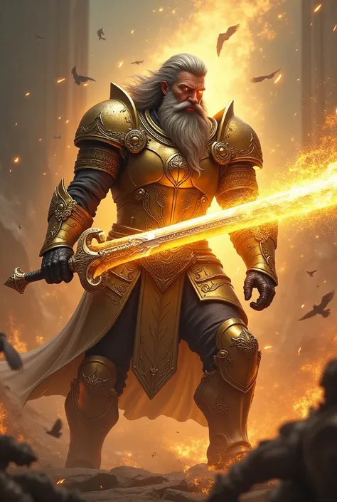 A formidable bearded paladin with glowing eyes in armor with a golden-fiery glow attacks with a two-handed sword full of magic. 