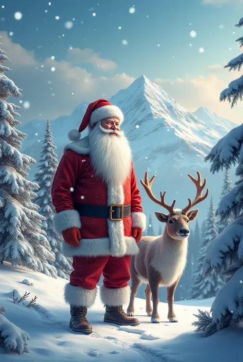 Santa Claus in winter landscape and ren