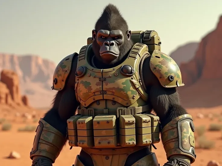 Create a realistic 8K image of a man dressed in digital camouflage military gear mixed with a steroid-fueled gorilla dressed in camouflage military gear mixed with steel armor. The background is a Martian atmosphere.