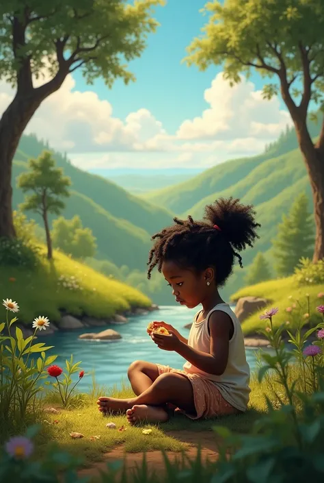 Generate a landscape picture of an  black girl eating and playing alone