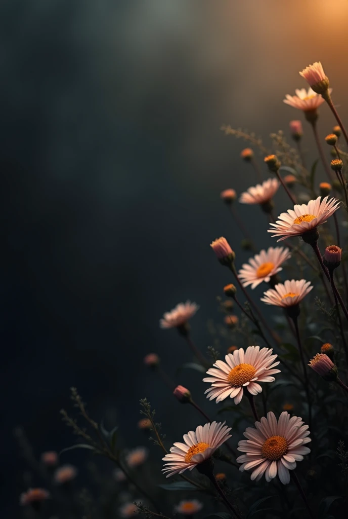 Cinematic realistic scene of  flowers bordering the right and bottom parts of the image, leaving the top and left parts free of elements. Colors should be black, gray, and gold gradients. Minimalist image(Photorealism:1.2) high resolution, cinematic, intri...