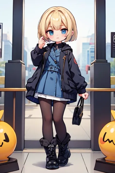  blond girl with bangs、Bob Hair、 black pantyhose 、 Long Coat 、 blue mini skirt、boots and accessories、Keep one&#39;s knees、 blue eyes, Droopy eyes,  eyes sparkle,  frowns, Awkward, 