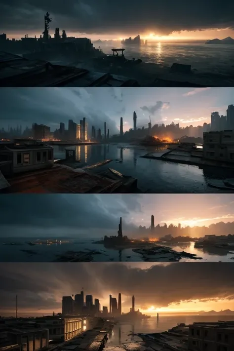 Realistic landscape, hyper   Details, Post-apocalyptic,  is mostly covered in water, Artificial island ,   Details,   super quality,  High Quality , Lots of buildings,  destroyed building ,  finished , Further Darkness, darkシナリオ, Post-apocalyptic, fog, dar...