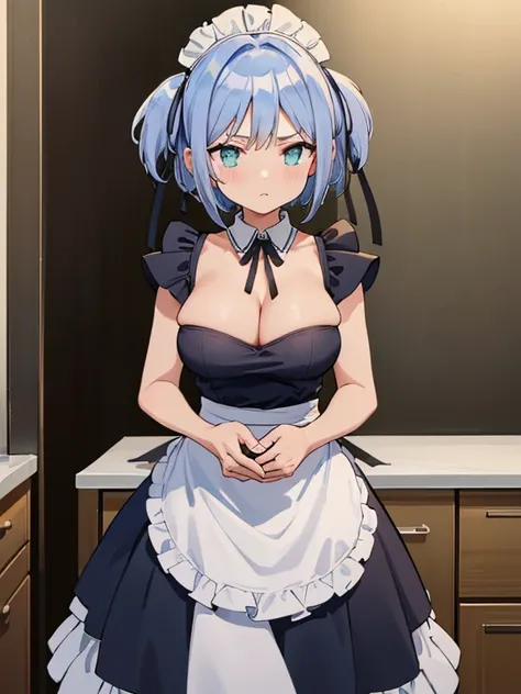 Taken in the kitchen at night,Show the whole body,Show up to your knees,Honey skull,( best quality,masterpiece,  RAW Photos, super detailed:1.2), 1 Girl,Light blue hair color,Short Hair, short twin tails, black hair ribbon,Big Breasts, cleavage, maid cloth...