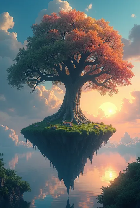 Giant Tree Island and Multicolored Sky: A lonely island with a gigantic tree at its center, whose leaves change color under the light of the vibrant sky at dusk.
