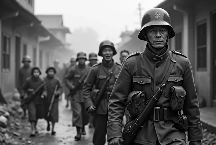 Black-and-white image of Japanese soldiers marching through a Chinese village. The soldiers are in uniform, carrying rifles, with a backdrop of devastated buildings and fleeing villagers. Ensure the same grandfather and family members are in the background...