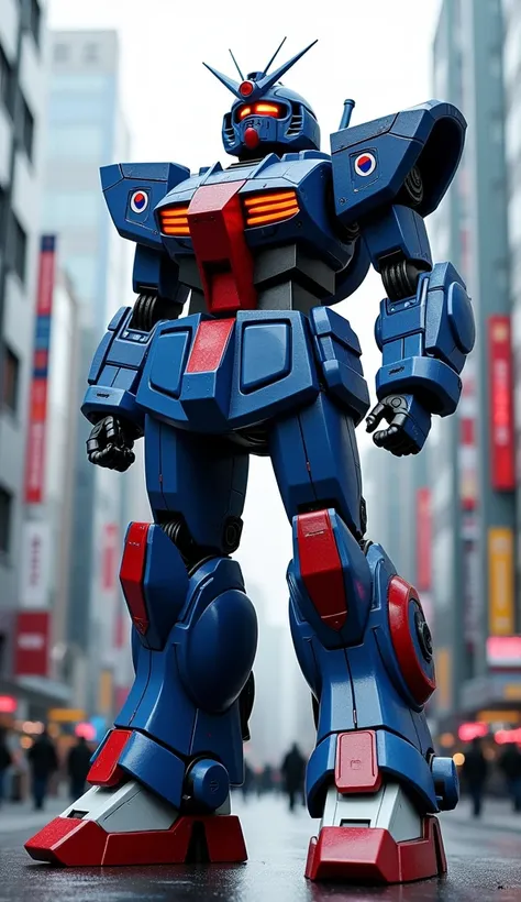 "Build a 1.90-meter-tall futuristic combat robot for South Korea, standing in Seouls bustling Gangnam district. The robot integrates blue, red, black, and white from the flag, with a glowing Taegeuk symbol on its chest and plasma-based weaponry for urban c...