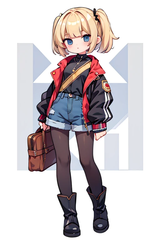  blond girl with bangs、Bob Hair、 black pantyhose 、 jacket、 shorts、boots and accessories、Keep one&#39;s knees、 blue eyes, Droopy eyes,  eyes sparkle,  frowns, Awkward, 