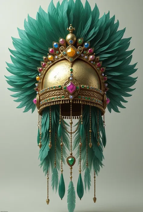 Draw a crown thats helmet shaped with jewels decorating it and jade drops hanging on it with a big feather on the back