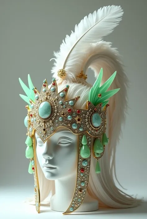 Draw a crown thats helmet shaped with jewels decorating it and jade drops hanging on it with one white big feather on the back in a 1/2 angles