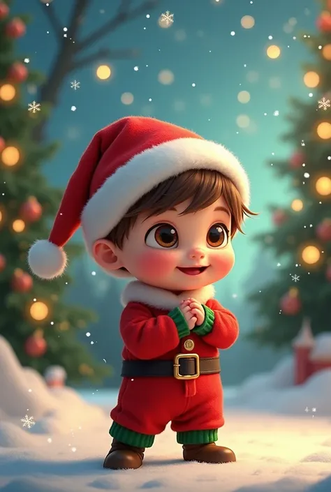  Imagine a baby boy with brown hair fair skin with brown eyes, Disney Pixar style, wearing red and green Christmas clothes with Santa Claus hat  