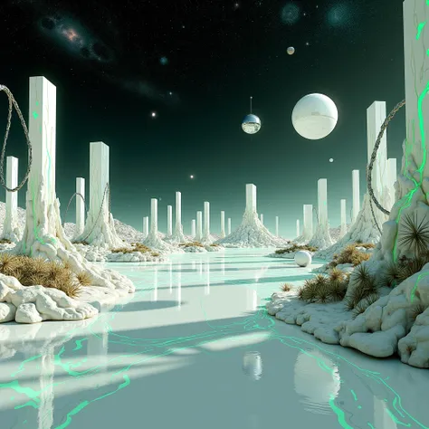 A surreal alien landscape with a white glossy terrain filled with technological parts and intricate nature that reflect the stars and nebulas from the sky. In front of us its the outskirts of a big futuristic high-tech alien city, the buildings are glossy ...