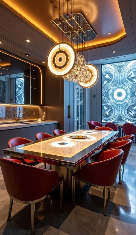 A futuristic dining area designed with precision and style. The dining table is a long, polished metal slab with gold trim and an illuminated arc reactor design embedded at the center. The chairs are sleek and ergonomic, upholstered in deep red leather wit...