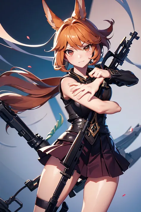 mascote  cute animal with weapons, girl,  mastery, realistic,  cute animal with weapons, gracious, high school costume with very short skirt, Carrying a giant gun