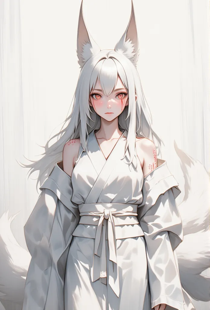 (((simple configuration )))、(((white wall background:1.2)))、white fox demon、 nine-tailed fox 、  japanese women  、kimono、 fair sk...