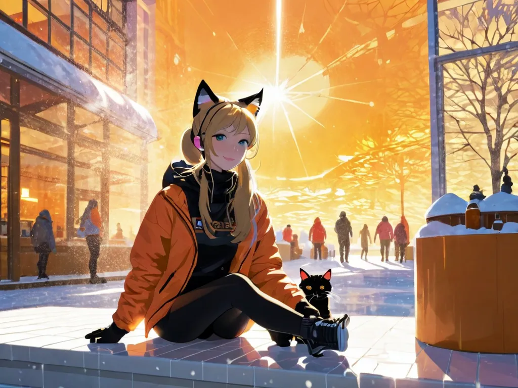 afternoon，backlight，cafe，（ orange cat frey cat woman ） there is a girl with cat ears sitting ，，a cup of coffee ， with two hands,...