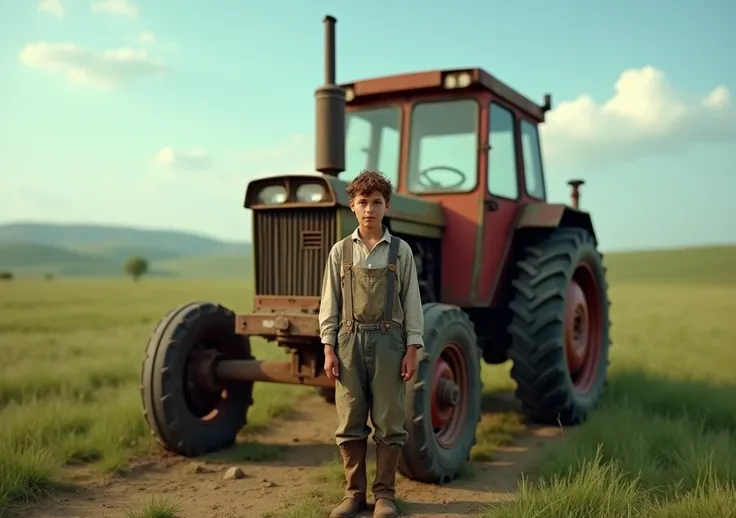 GENERATE AN IMAGE OF YOUTUBE THUMBNAIL SIZE IN WHICH A POOR BOY FARMER IS STANDING IN FRONT OF HIS TRACTOR
