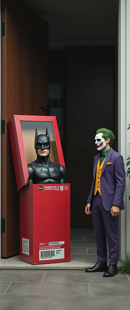 (photorealism:1.2), at the entrance door of a house, There is a Batman figure and with a plastic cover, has his eyes closed, It is inside a compact red cardboard box with a polystyrene inner lining and a barcode with a logo and a hard transparent plastic l...