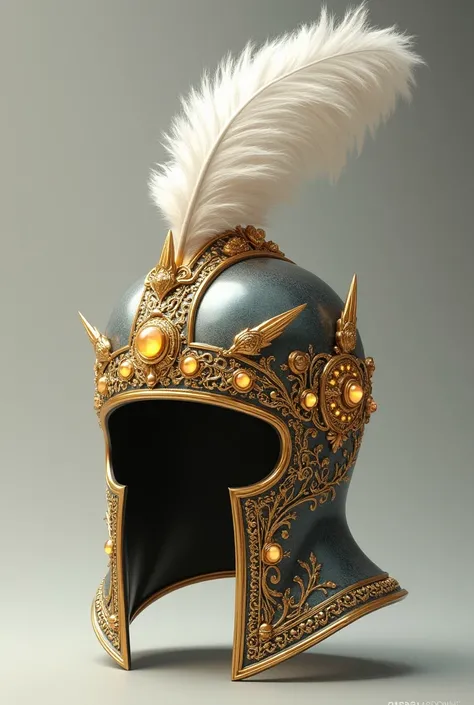 Draw a crown thats helmet shaped with gold jewels decorating it with one white big feather on the back in a 1/2 angles