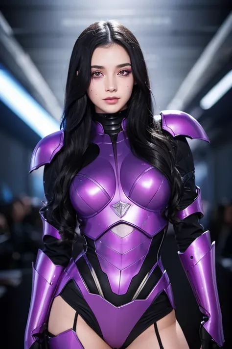  Woman with Wavy Black Hair and Purple Eyes, Black alien armor, Freckles, ,  eyeshadow,  cute face