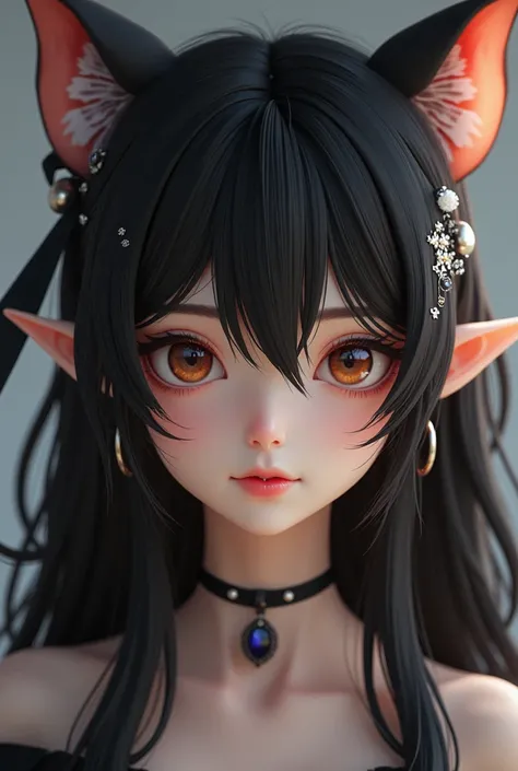 Smile, long Hair, Black Hair, Ribbon, Hair Ornament, Earrings, Parted Lips, Fang, Hair Clip, Cat Ears, Braid, Pointy Ears, Blush, Realistic, human