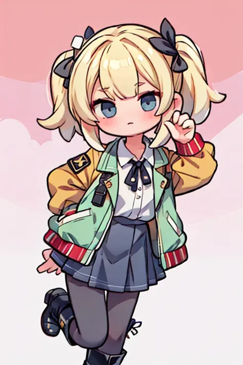  blond girl with bangs、Bob Hair、 black pantyhose 、 jacket、 skirt、boots and accessories、Keep one&#39;s knees、 blue eyes, Droopy eyes,  eyes sparkle,  frowns, Awkward,  angry, Anger Mark, 