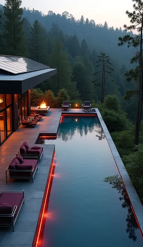 A sprawling backyard with a futuristic infinity pool overlooking the forest below. The pool is lined with reflective black tiles and features red and gold LED lighting along the edges, creating a glowing, heroic aesthetic at night. A sleek patio area inclu...