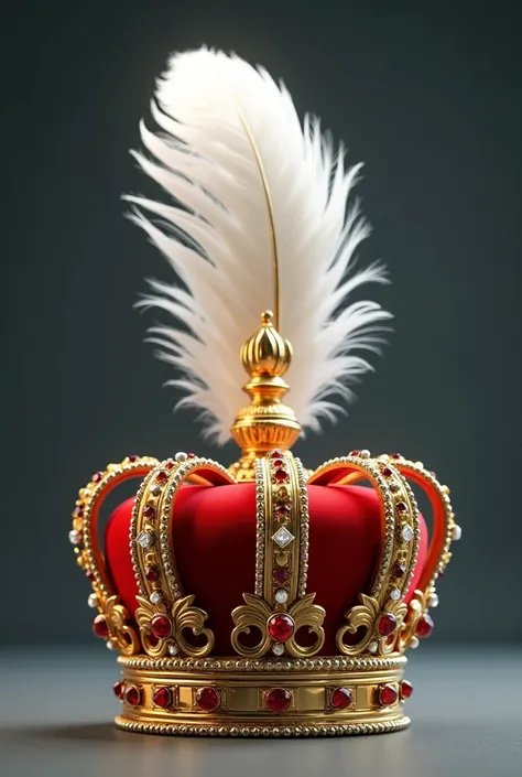 Draw a crown thats not pointy shaped with gold jewels decorating it with one white big feather on the back in a 1/2 angles