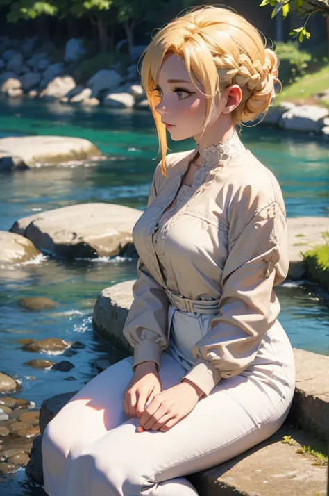 Beautiful blonde woman, braided updo, sitting by the river