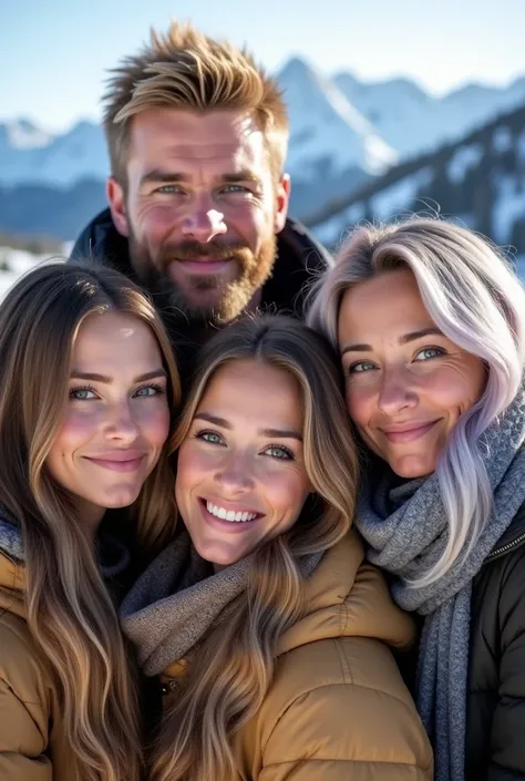 A tall muscley blonde man with slight facial hair, he is standing next to three women, the first woman has long wavy brown hair, the second woman has long wavy blonde hair and the third woman has long wavy silver grey likac tint ombre hair, they are on sno...