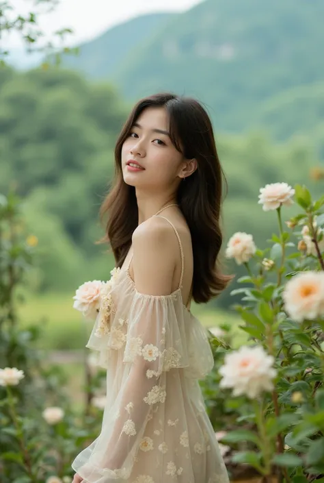 In a lush indoor garden、A Japanese woman is wearing a floral sheer top、 with breasts and soft flowers in the background in lush green mountains、 creates harmony between nature and beauty。