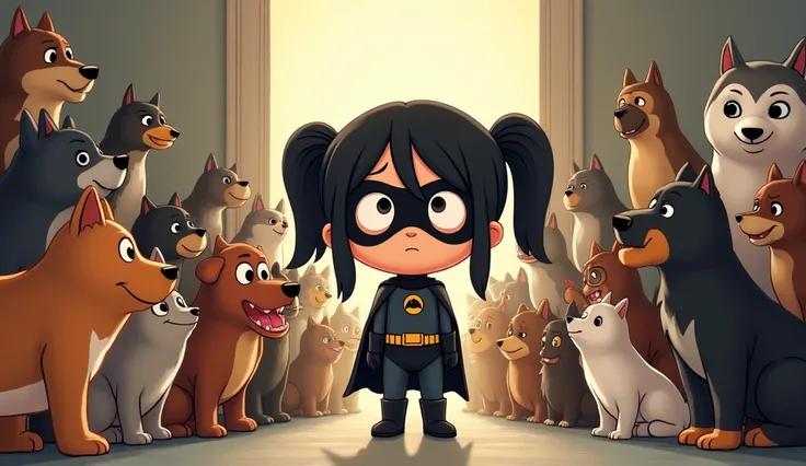  a cartoon ( big curious eyes,two  pony tail black hair, wearing a simple superhero black costume and a half black mask on eyes) is talking to the crowd animals of cats,bulldogs,dogs,owls,snakes and birds in a corridor

